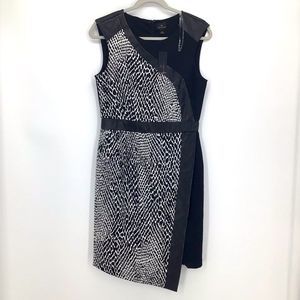 Worthington Black White Print Dress W/ Faux Leather Accents New With Tag Size 6
